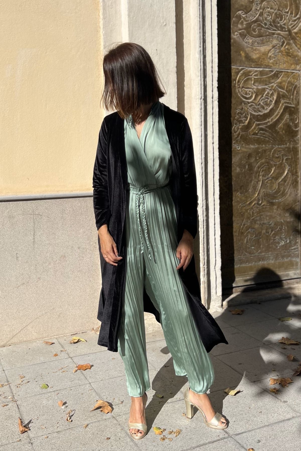 Black velvet bag coat