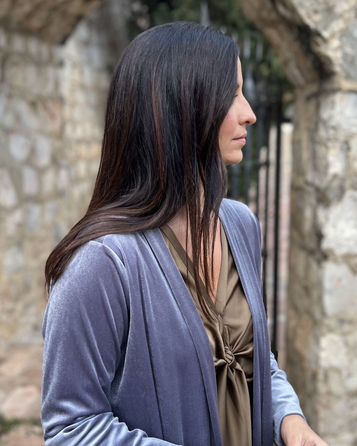Gray velvet bag coat
