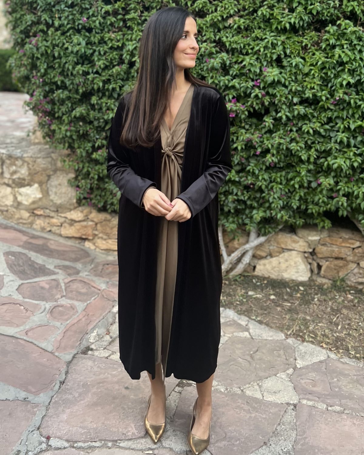 Black velvet bag coat
