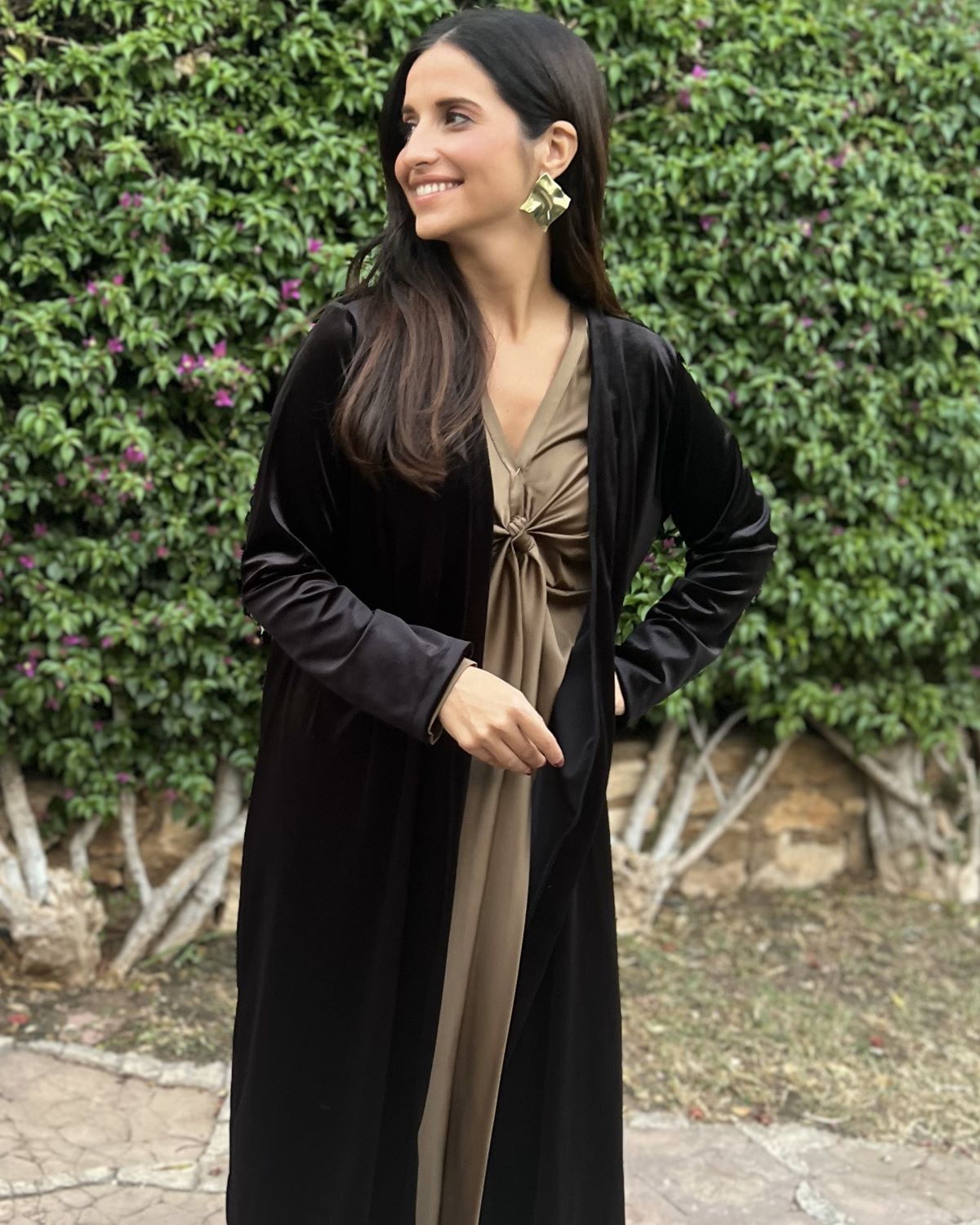 Black velvet bag coat