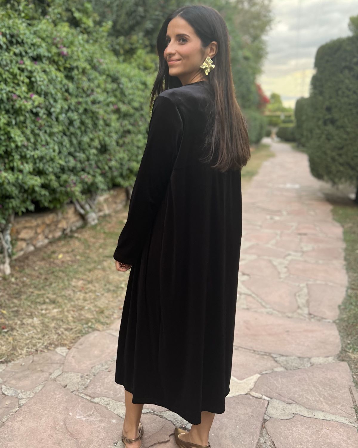 Black velvet bag coat