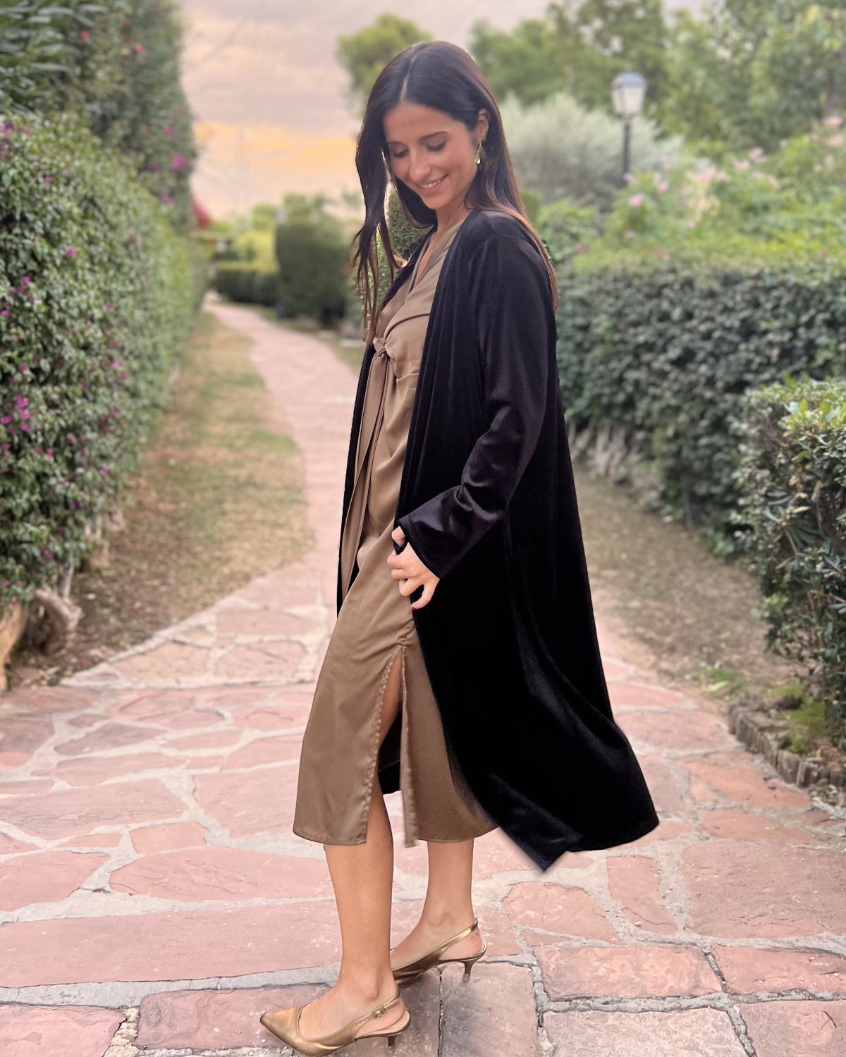 Black velvet bag coat