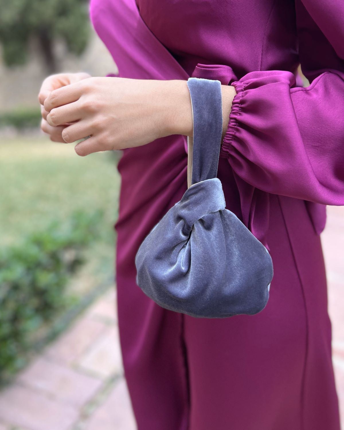 Gray velvet handbag