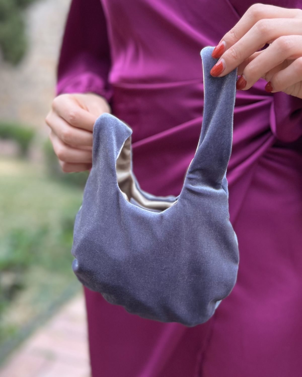 Gray velvet handbag