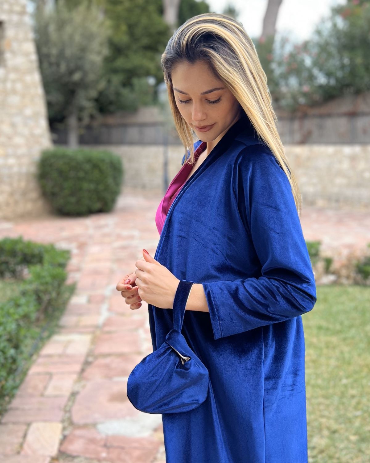 Navy velvet handbag
