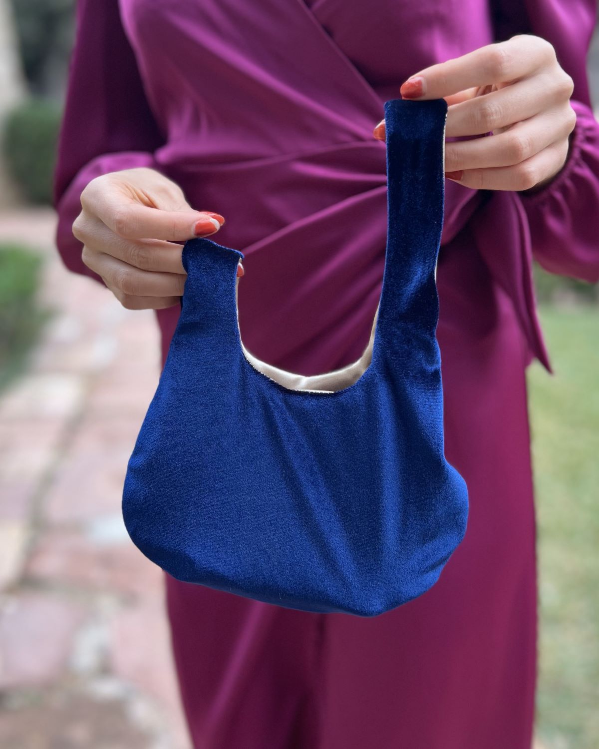 Navy velvet handbag