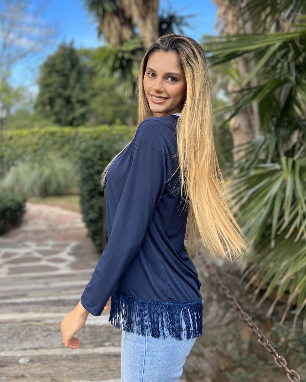 Jaqueta dobrável com franjas marinho
