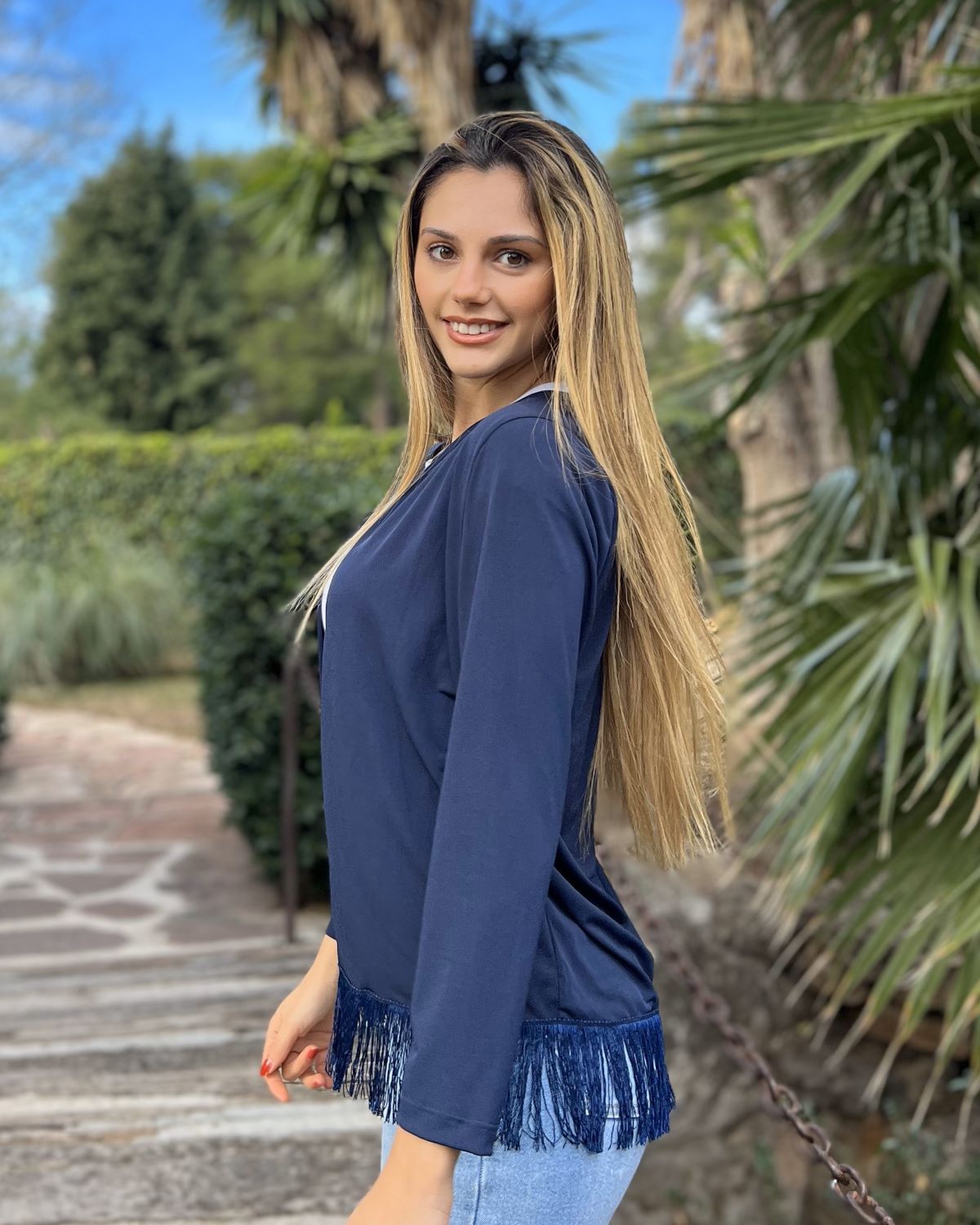 Jaqueta dobrável com franjas marinho
