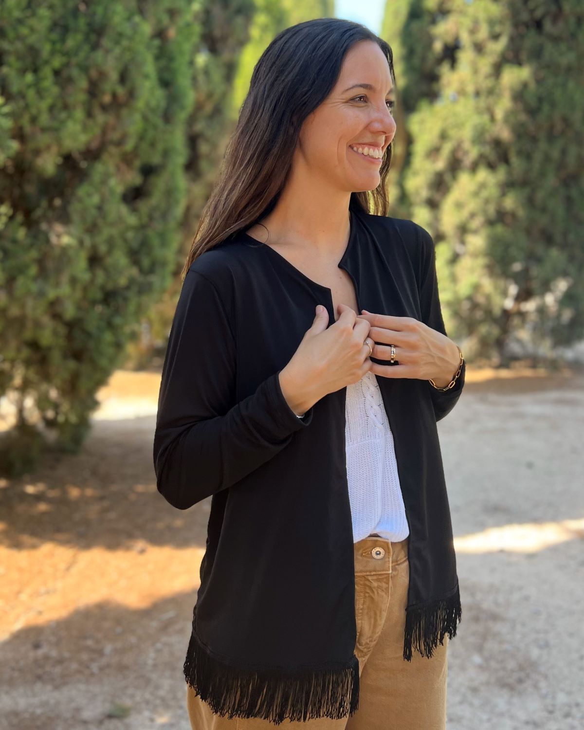 Packable black fringed jacket