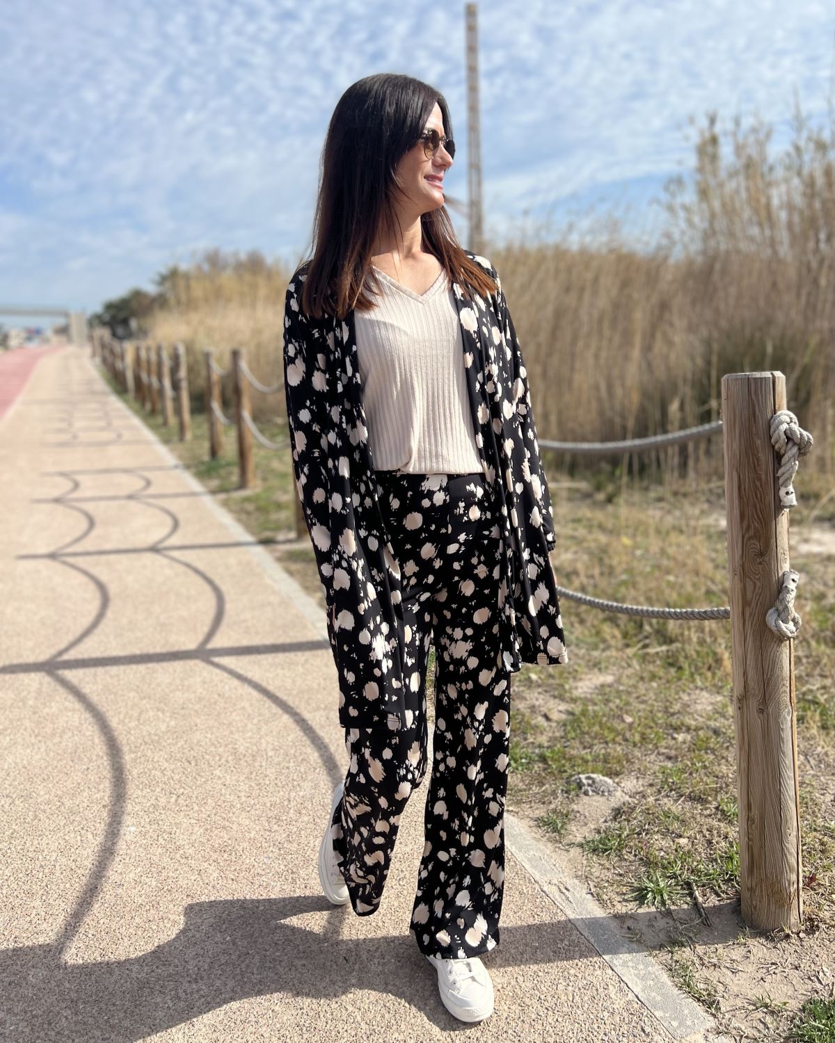 Foldable speckle print long cardigan