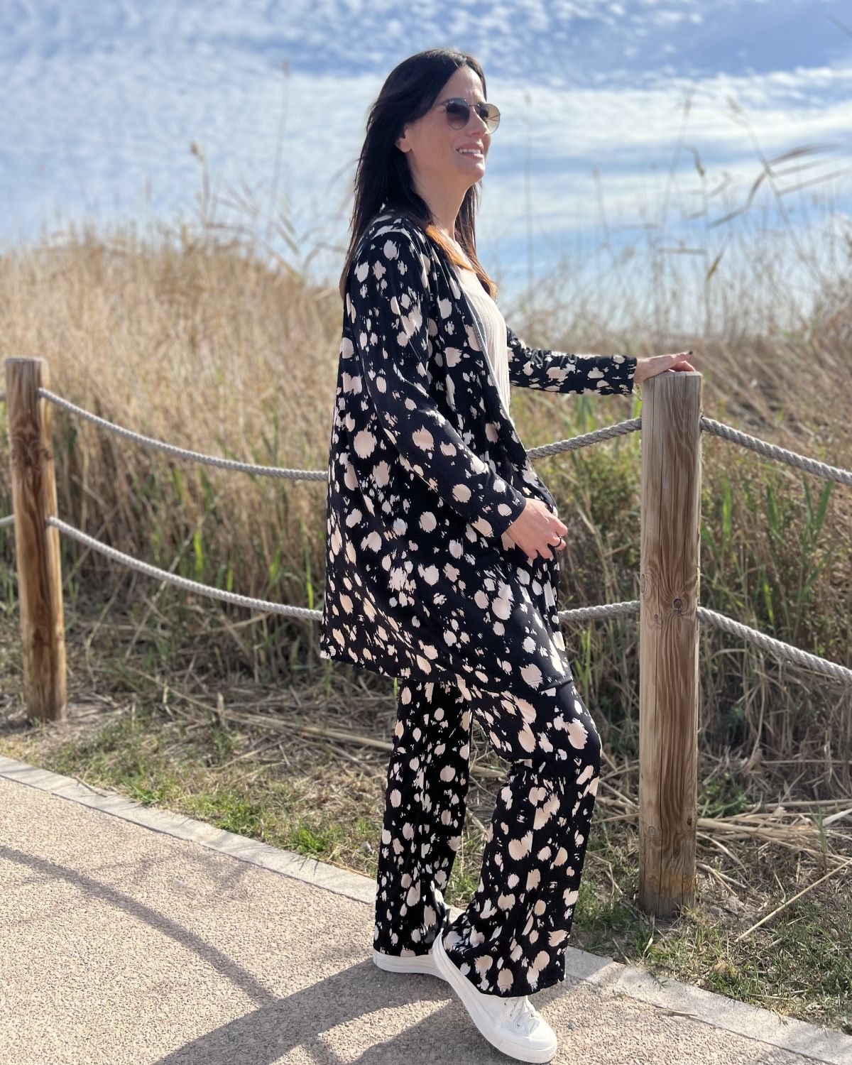 Foldable speckle print long cardigan