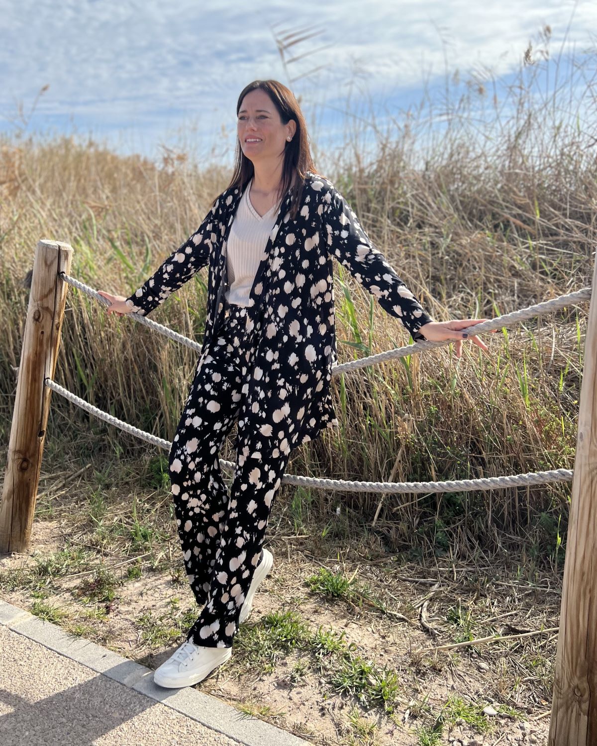 Foldable speckle print long cardigan