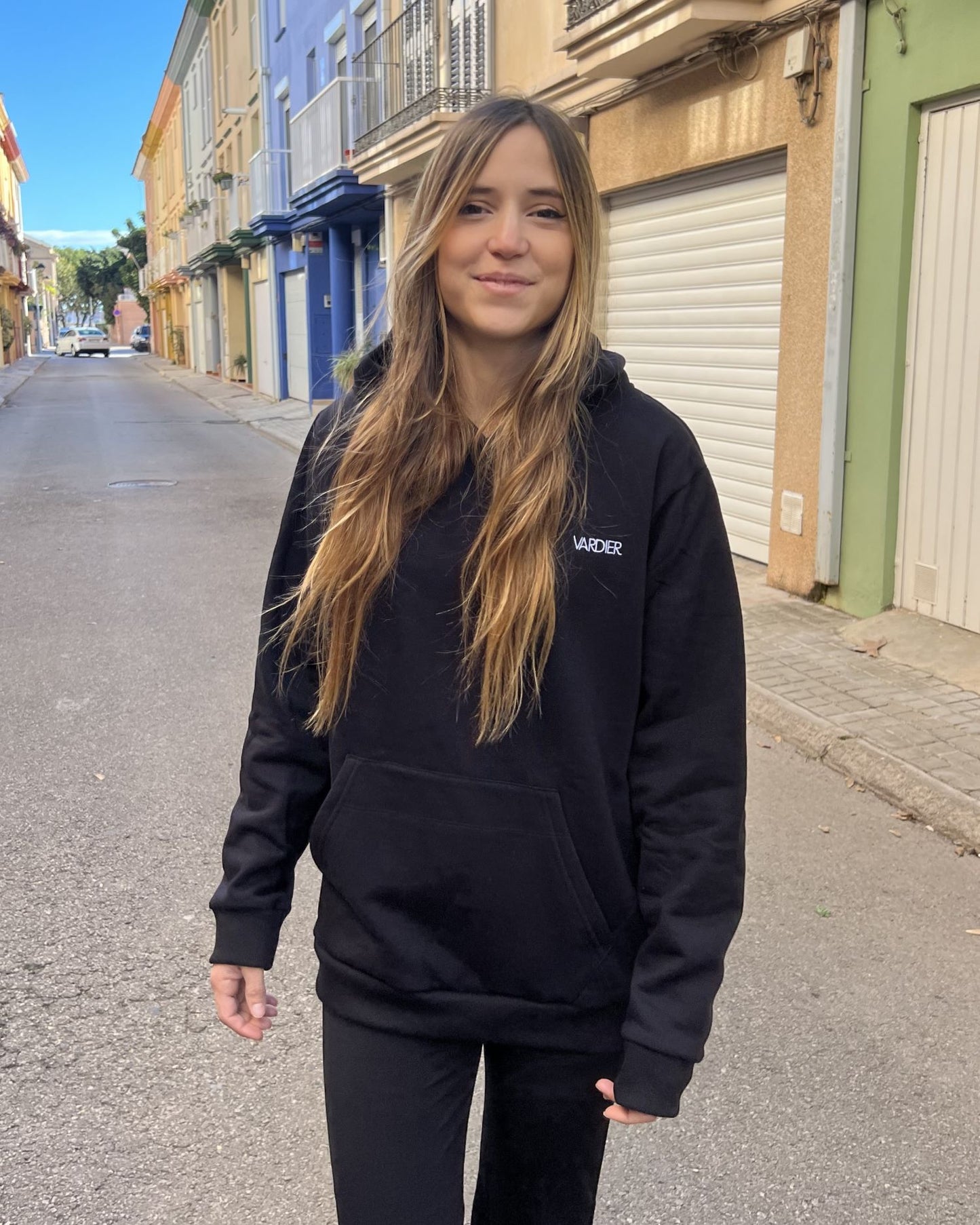 Unisex black hooded backpack sweatshirt