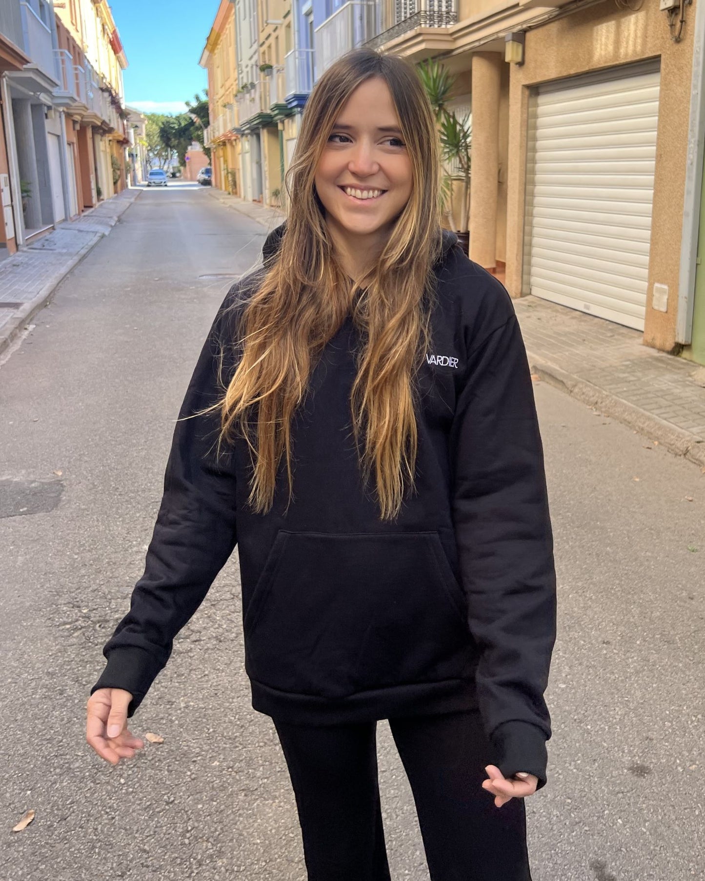 Unisex black hooded backpack sweatshirt