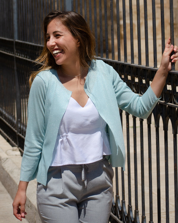 Packable mint glitter jacket
