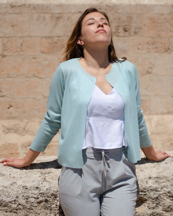 Packable mint glitter jacket