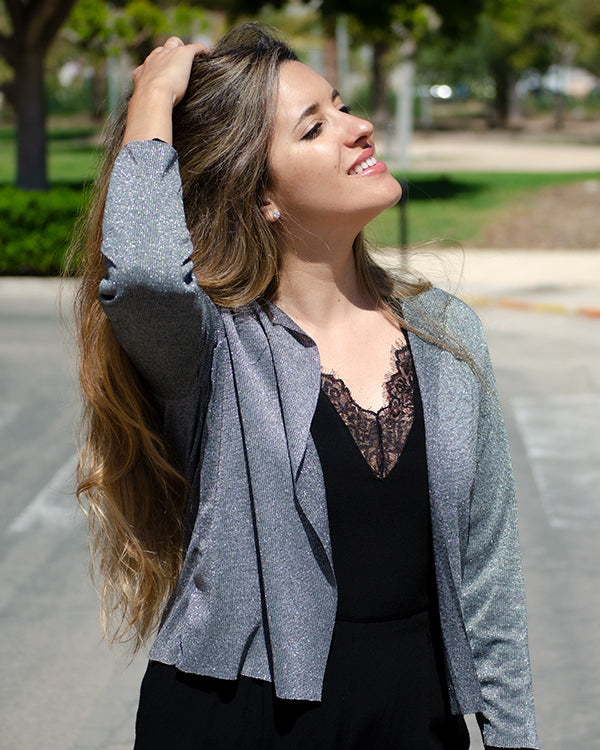 Packable dark silver glitter jacket
