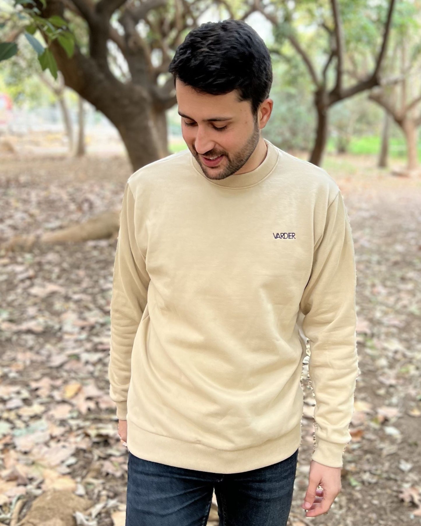Beige unisex backpack sweatshirt
