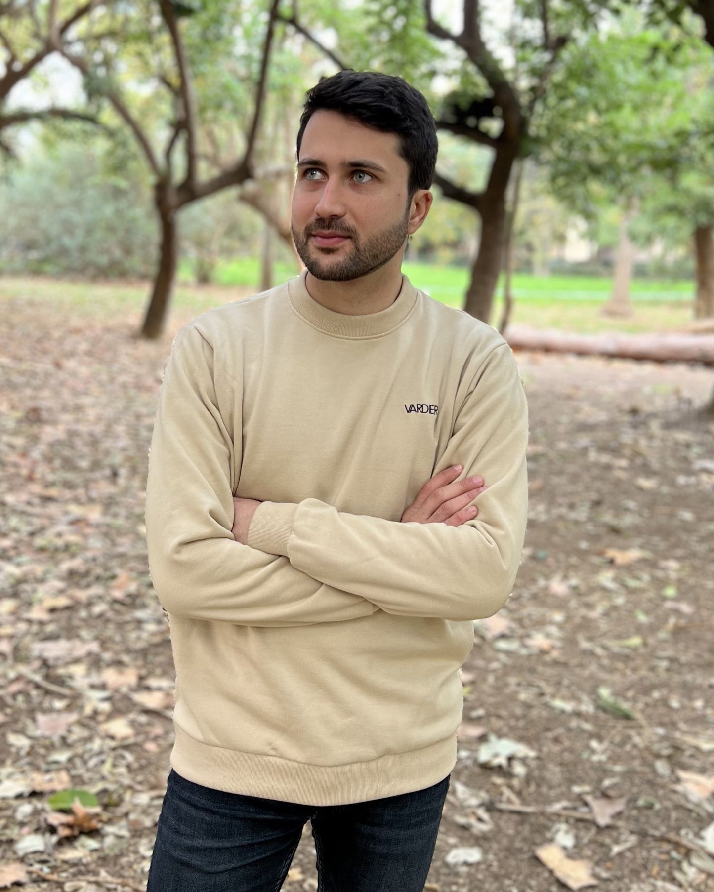Beige unisex backpack sweatshirt