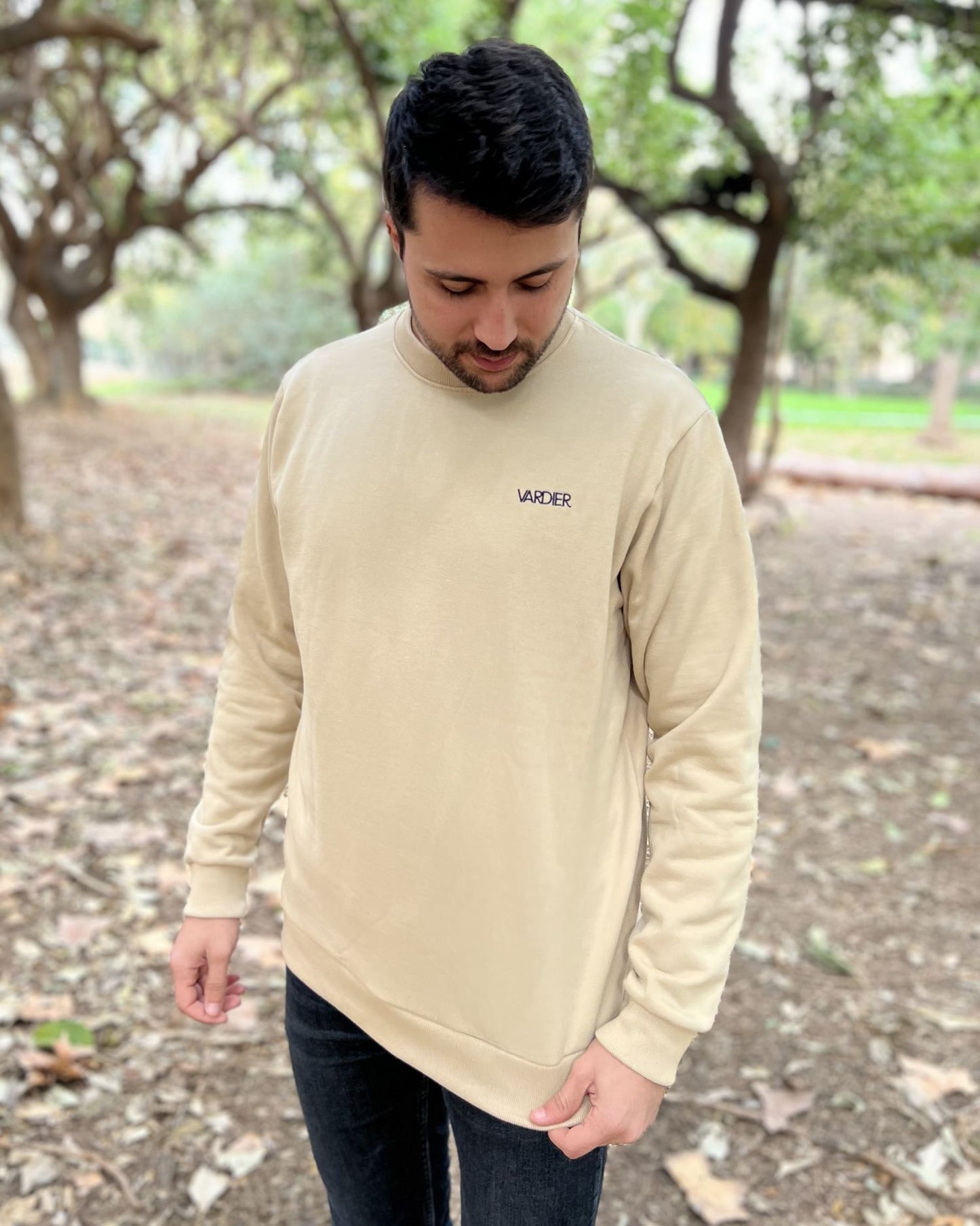 Beige unisex backpack sweatshirt