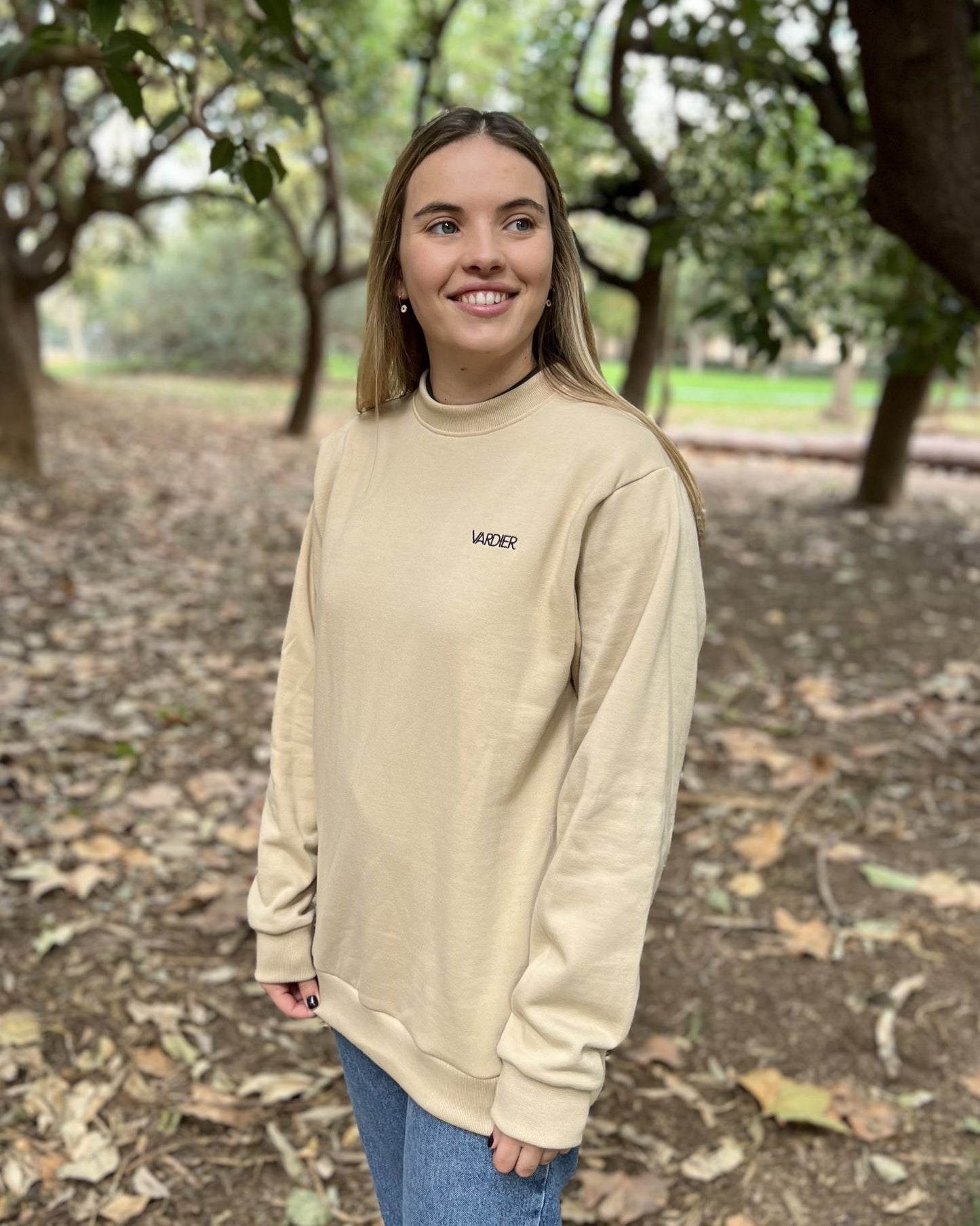 Beige unisex backpack sweatshirt