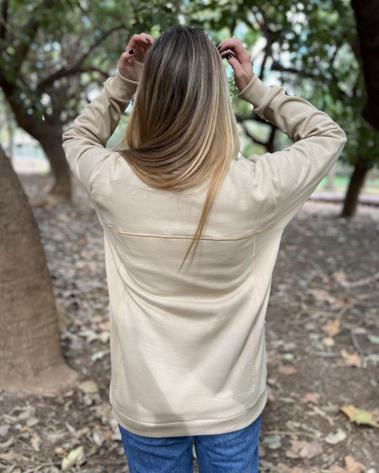 Beige unisex backpack sweatshirt