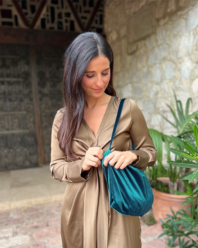 Abrigo plegable + Bolso de mano verde agua terciopelo