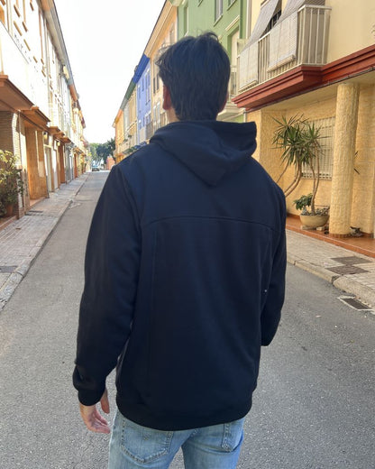 Unisex black hooded backpack sweatshirt