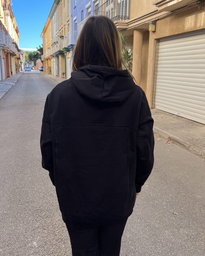 Unisex black hooded backpack sweatshirt