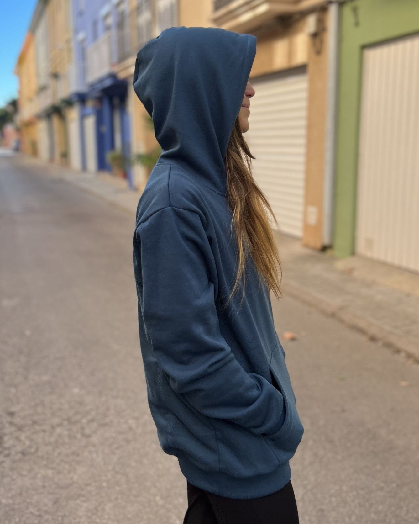 Blue unisex hooded backpack sweatshirt