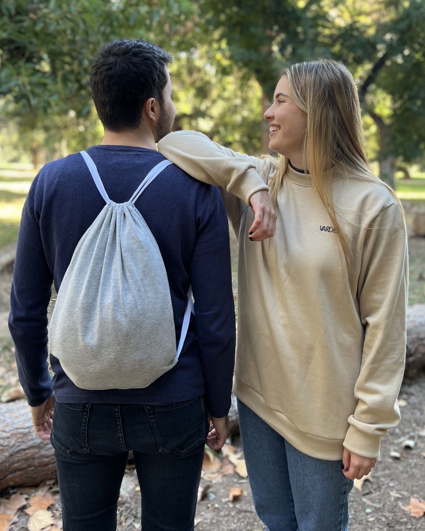 Beige unisex backpack sweatshirt